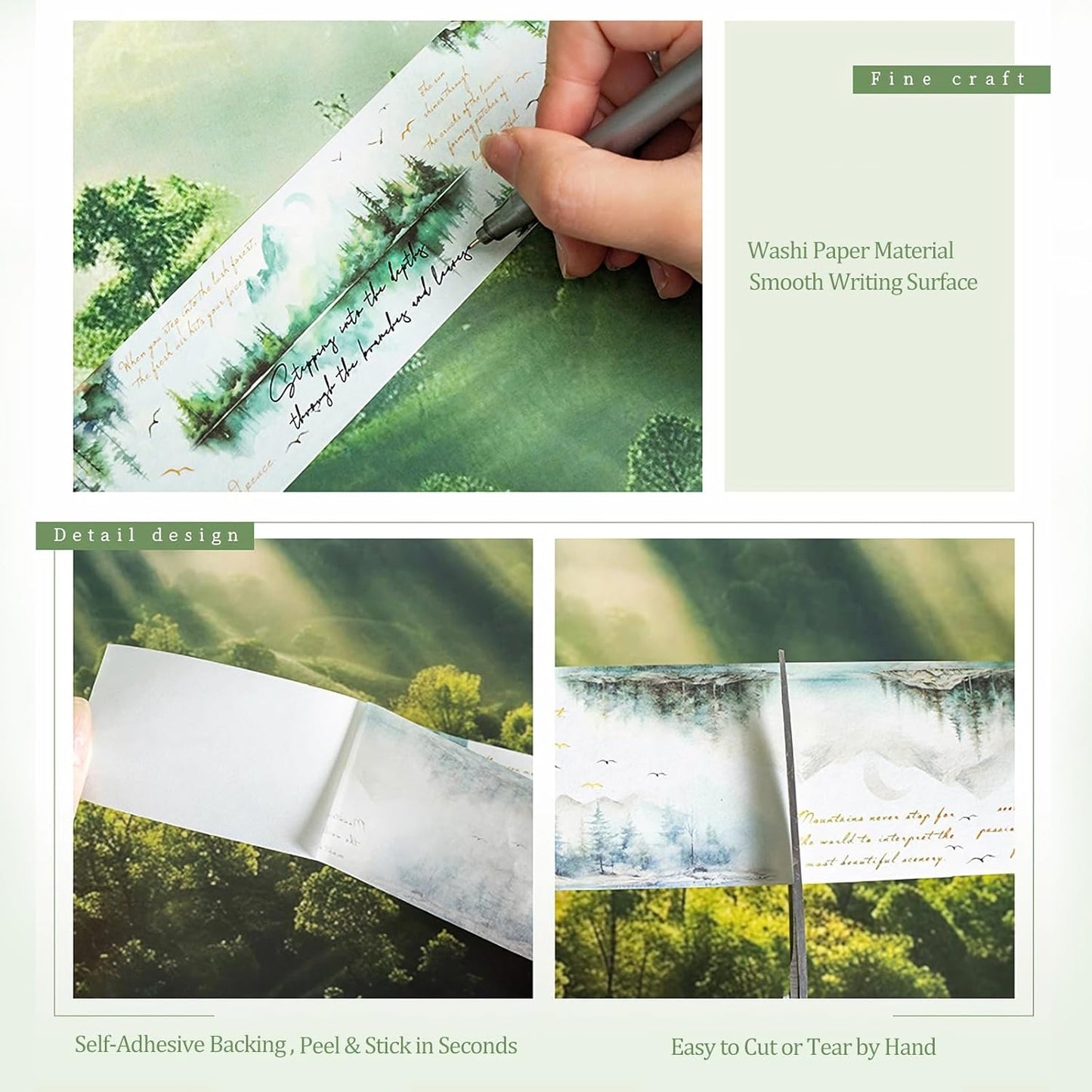 Mountain Forest Washi Tape Set, 6 Rolls with Poetic Text and Gold Foil Accents, Includes Clip for Scrapbooking, Journaling, and Planner Supplies