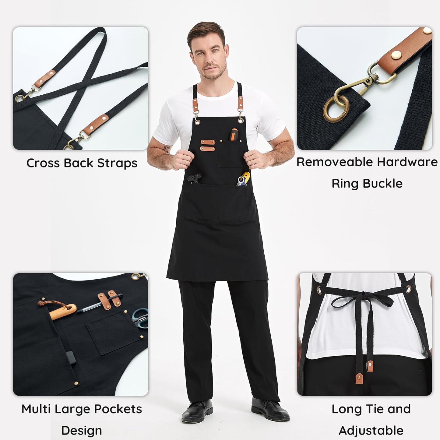 Canvas Aprons, Kitchen Chef Aprons, Work Aprons for Men Women, Adjustable Strap Aprons with 3 Pockets