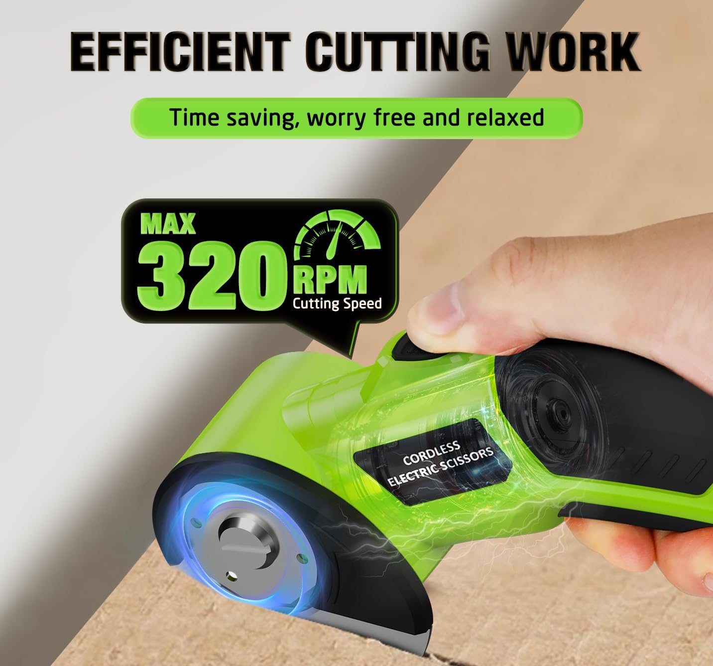 Cordless Electric Scissors：4V Rechargeable Cardboard Cutter, 3 Blades, Safety Lock & LED Light, Box Cutter for Carton Carpet Plastic Fabric Leather (Green)