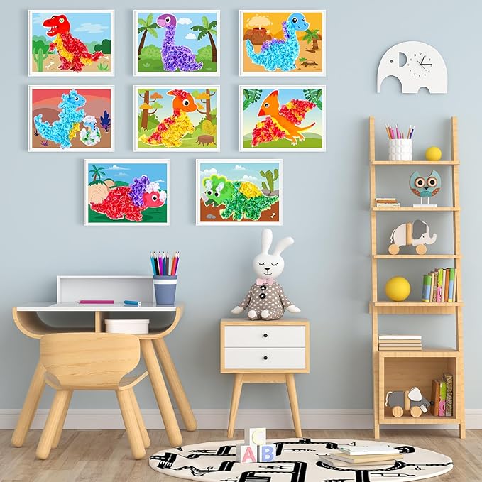 8PCS Poke-in Craft and Art Kit Dinosaur Theme No-Mess Fabric Sewing Art Fabric Puzzle Puncture Painting Dino Toy Gifts for Creative Activity Game Birthday Party