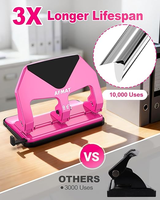 AFMAT 3 Hole Punch Heavy Duty, 50-Sheet Three Hole Punch, 50% Reduced Effort, 10,000+ Uses, 9/32" Holes, S.S. Paper Guide, 3 Hole Puncher for Binder, Metal Hole Puncher for Home Office School HP20