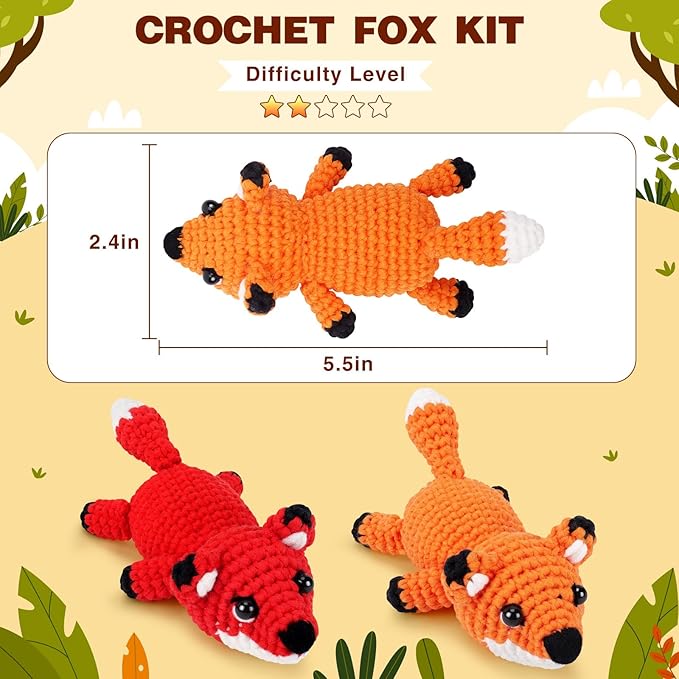 Fortuning's JDS Crochet Kit for Beginners - 2 PCS Fox Crochet Kits with Step-by-Step Video Tutorials, Beginner Crochet Kit for Adults, Crochet Animal Kit for Kids, Crochet Fox Set (Orange & Red)