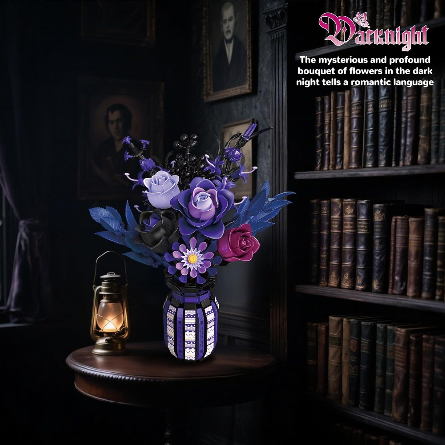 Flowers Bouquet Building Set Roses Purple Compatible with Lego Botanical Collection Gothic for Women Adults Girls 14+ Home Office Decor