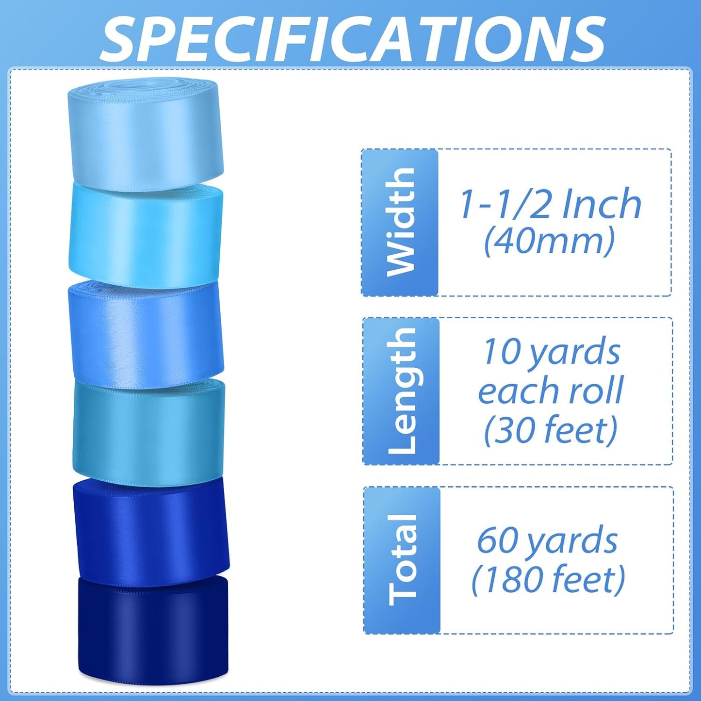 1-1/2 Inch Blue Satin Ribbons for Crafts, 6 Rolls Single-Faced Blue Assorted Ribbons for Gift Wrapping Flower Bouquet Wedding Invitations Bridal Shower Hair Bows Garland Party Decor