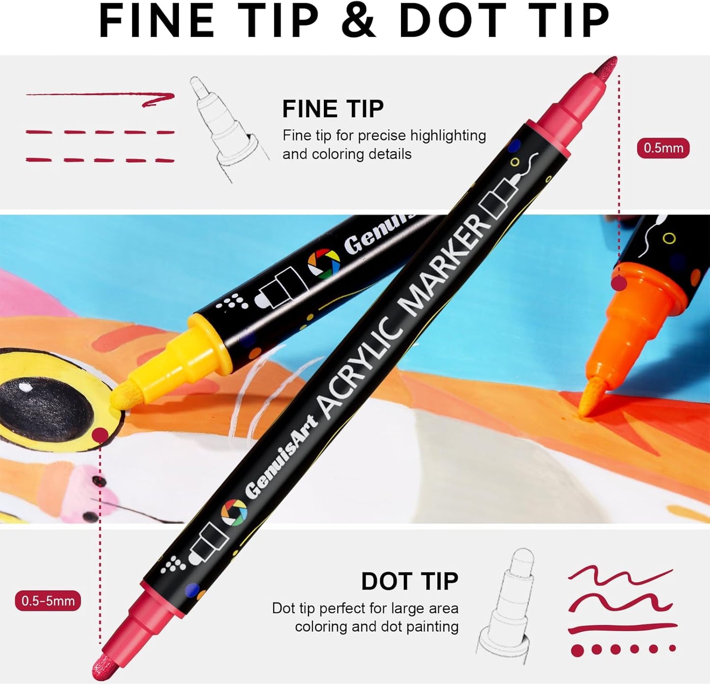 12 Colors Acrylic Paint Pens, Acrylic Paint Markers Dual Tip, with Dot Tip and Fine Tip, Acrylic Markers for Rock Painting, Wood, Canvas, Fabric, Paper, DIY Crafts Making Art Supplies (12)