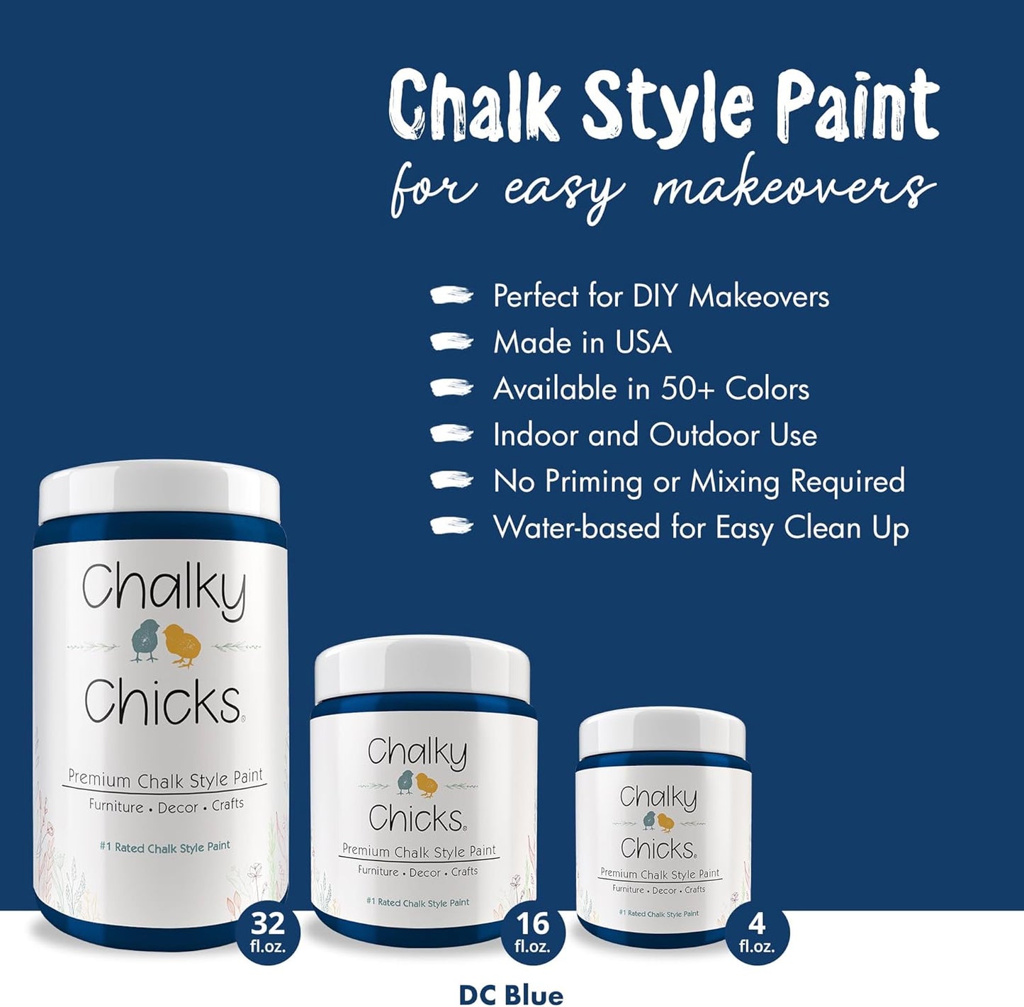 Chalky Chicks All-in-One Chalk Paint for Furniture or Cabinet - 32 Fl Oz - Matte Finish DC Blue Navy Blue for Metal, Wood Furniture Paint - No Sanding All-in-One for Home Decor & Crafts, USA Made