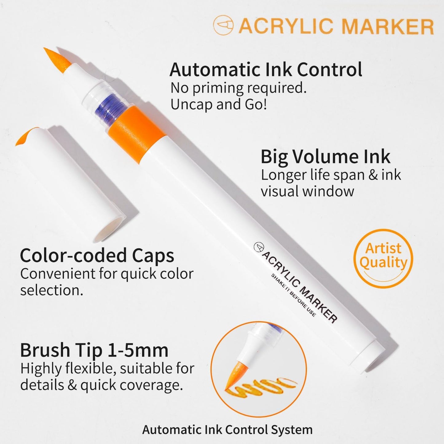 ROSYMENG 9 Metallic Color Acrylic Paint Pens,Quick-Drying Waterproof Acrylic Paint Markers, Soft Brush Tip Acrylic Markers for Canvas, Rock Painting, Wood, Stone, Glass, Ceramic, Fabric Painting