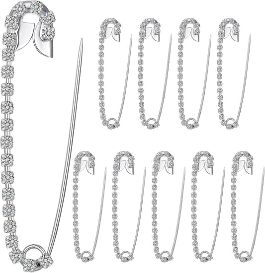 Housweety 10 Silver Tone Rhinestone Safety Pins Brooches 5.8x1.2cm
