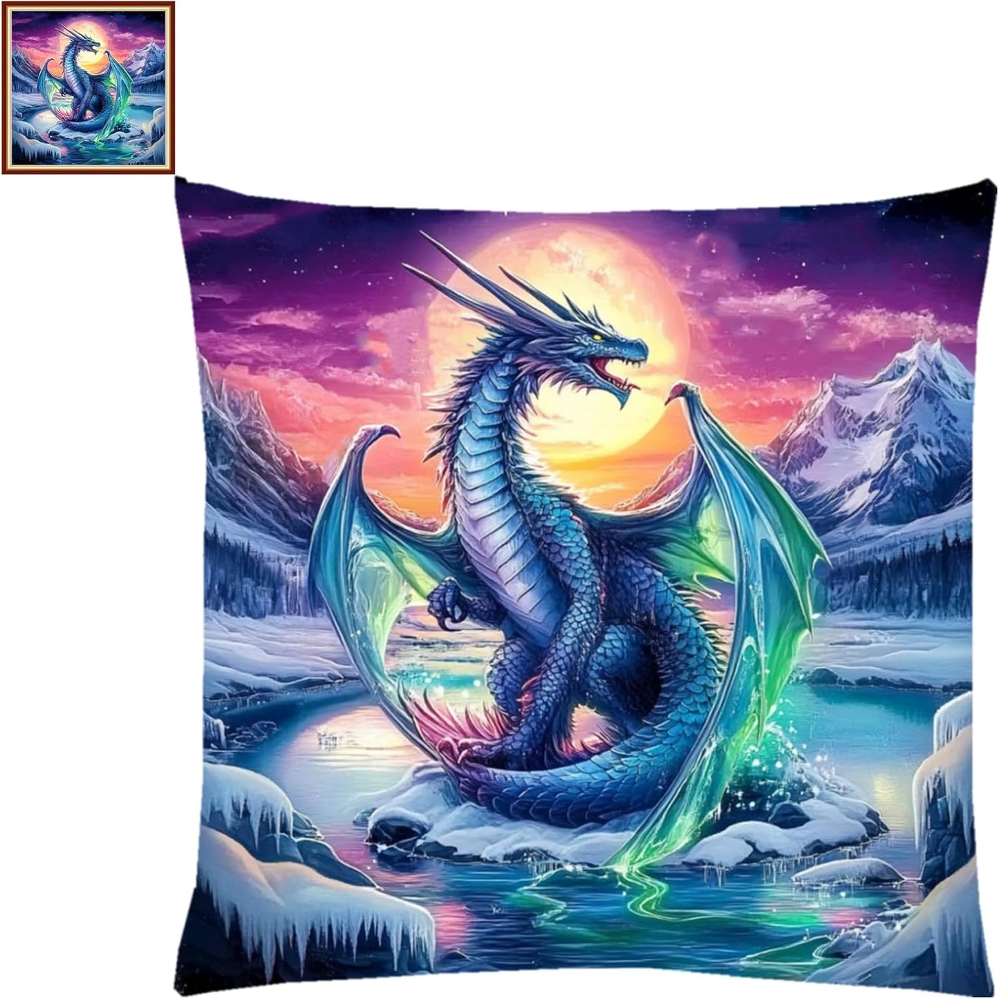 Fanxvivy Stamped Cross Stitch Kits for Adults Beginners Pillow Needlepoint Kit with Embroidery Pattern Needlework Kit Prestamped Stitches Kit 11CT Cross Stitching-Glacier Dragon 18x18 inch