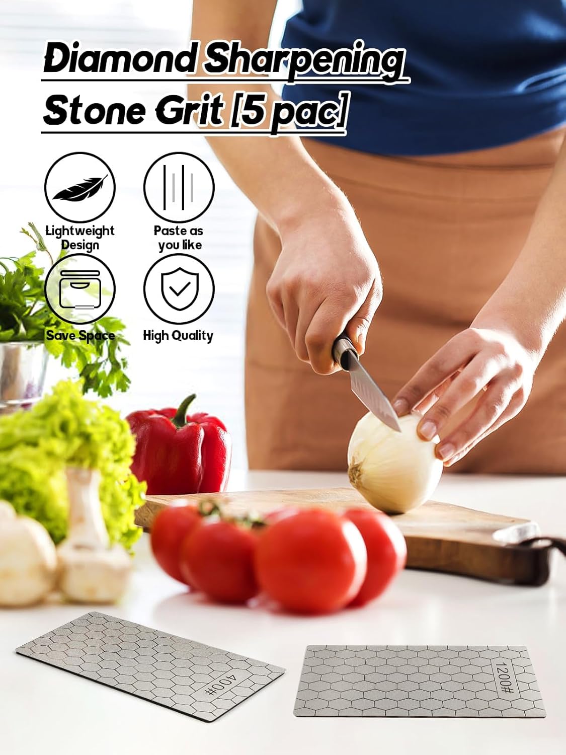 5PCS Diamond Sharpening Stones, Kalolary Knife Sharpener Stone Grit Diamond Sharpener Plate Honing Stone with Non-slip Base for Chisels Camp Kitchen Outdoor Knife Tools (400/600/800/1000/1200 Grit)