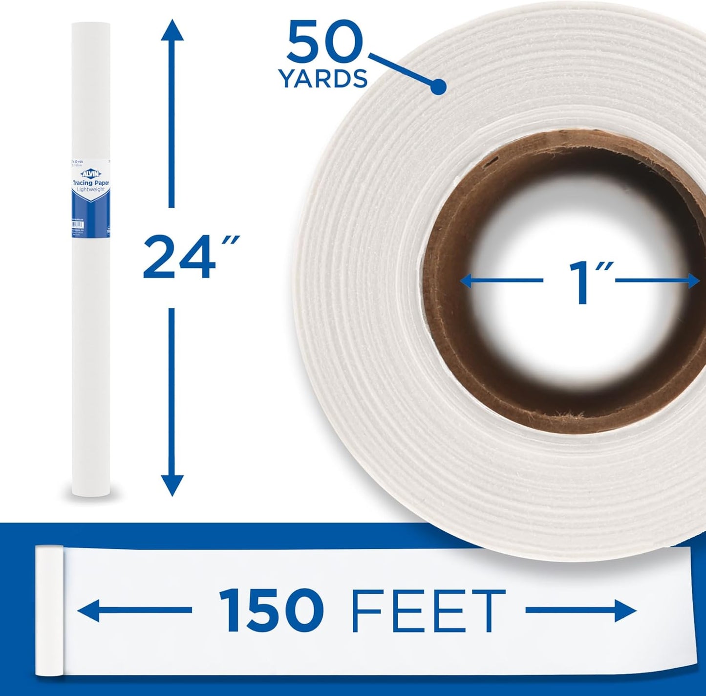 ALVIN 55W-J Lightweight Tracing Paper Roll, White, Suitable with Ink, Charcoal, Felt Tip Pen, for Sketching or Detailing - 24 Inches, 50 Yards, 1-inch Core