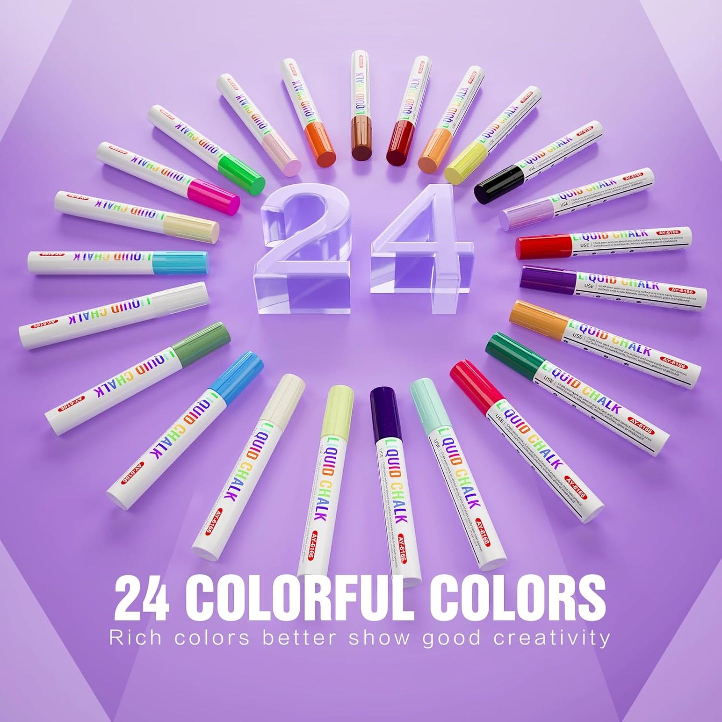 Chalk Markers for Blackboard 24 Colors Wet-Dry Erasable Liquid Chalk Marker, Dust Free Chalk Pen with 6mm Reversible Bullet & Chisel Tip for Car, Window, Glas, Whiteboard, Chalkboard, Mirror, Calendar