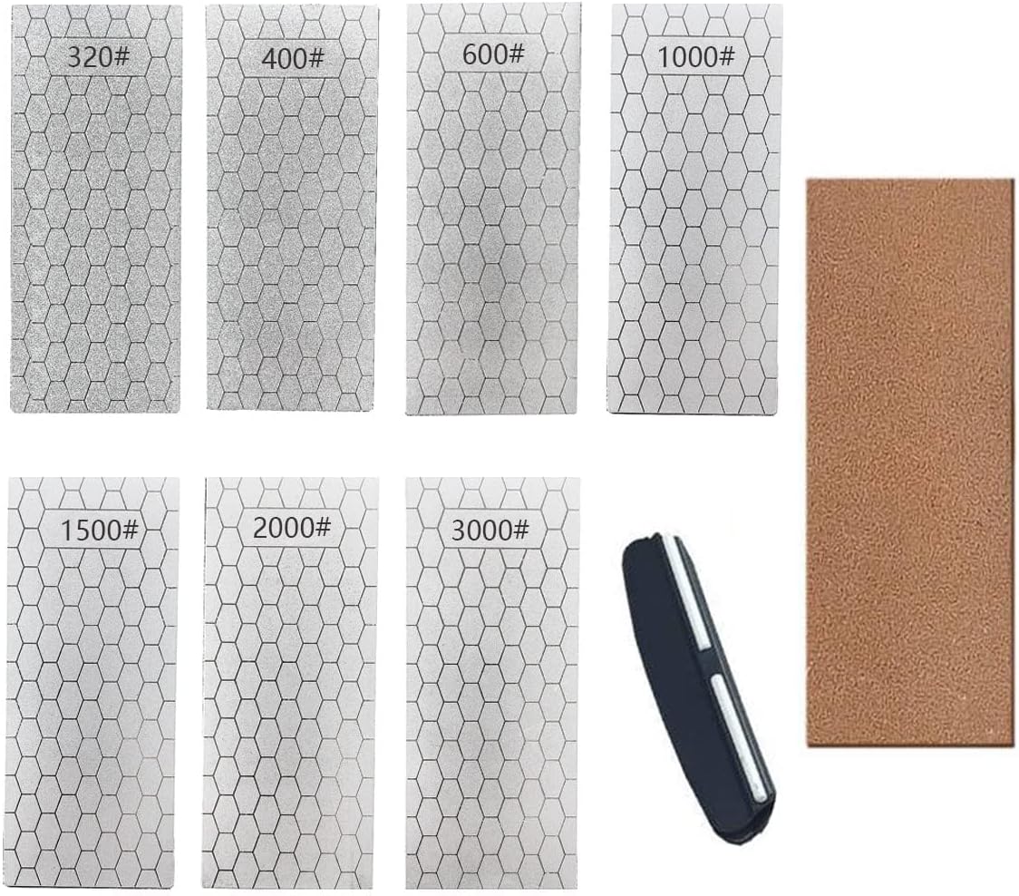 Diamond Sharpening Stone, Knife Sharpener Stone Whetstone Honeycomb Surface Plate with Non-slip Base for Pocket Knives Scissors (320/400/600/1000/1500/2000/3000 Grit，with Angle Guide and Leather)