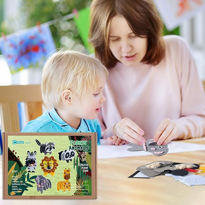 Animals Craft Kit - Educational Toys for Kids, Felt Craft Kit Including 6 Wild Friends, Elephant Zebra Panda Lion Raccoon Giraffe, DIY Activity Birthday Gifts for Boys & Girls Ages 3 4 5 6 and Up