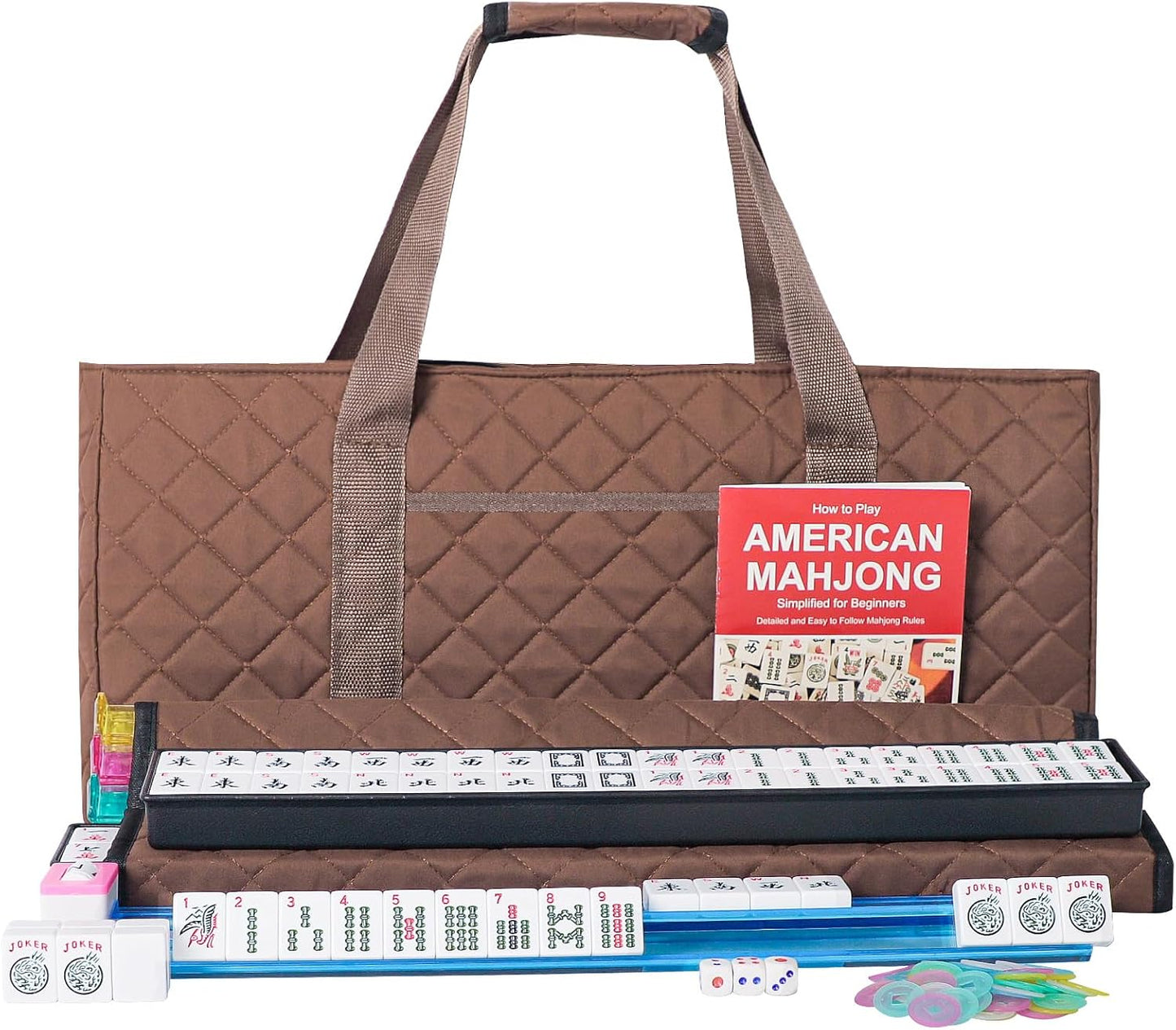 ZGME American Mahjong Set,166 White Tiles with Brown Rectangular Bag and Accessories,4 All-in-One Mahjong Racks with Pushers