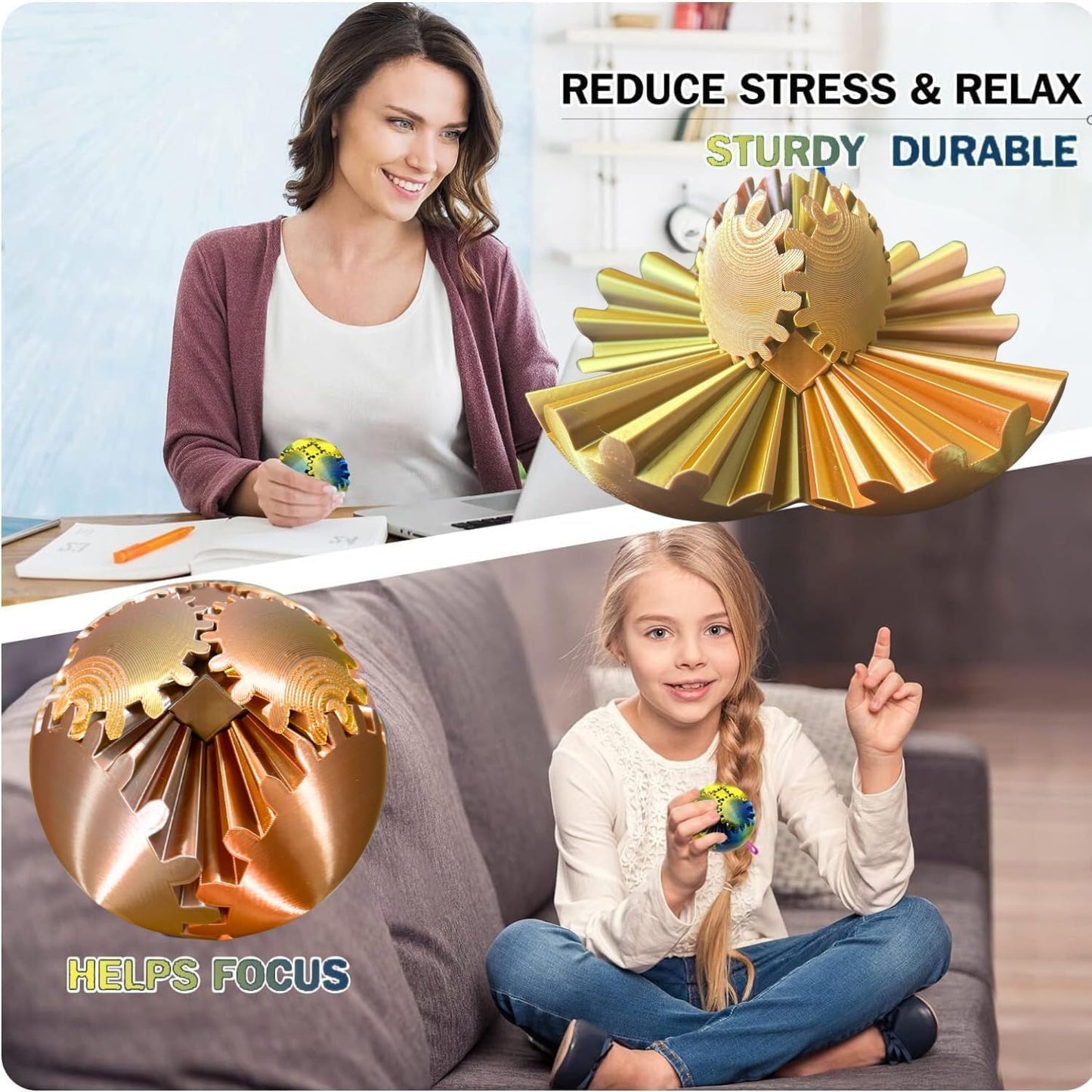 Gear Ball, 4.2in 3D Printed Gear Ball Spin Ball Cube Fidget Toys, Gear Sphere, Gear Balls Fidget Toy, Stress Ball, GearSphere Desk Toy, Fidget Balls, Gear Toy for Anxiety Relaxing (Laser Rose Gold)