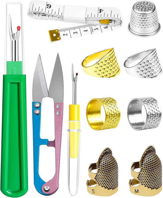 FIVEIZERO Thimble Kit– Sewing Thimbles for Hand Sewing, Metal Finger Protectors, Thimble Ring for Quilting and Embroidery, Includes Seam Ripper, Measuring Tape and Thread Snips