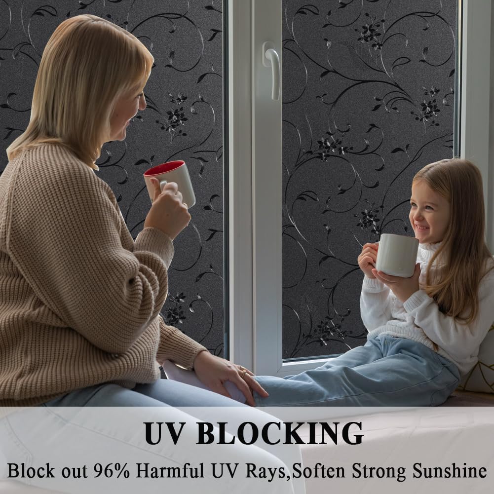 Mikomer Total Blackout Window Film,100% Light Blocking Privacy Glass Door Film Etched Flowers,Room Darkening Window Cling,No Glue/Heat Control/Anti UV for Day Sleep & High Privacy,35In. by 78.7In.