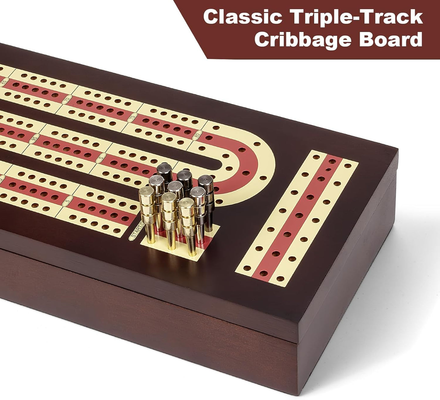 Cribbage Board Game Set, Premium Wooden Board with Magnetic Lock and Metal Pegs, 2 Playing Cards, and Large Storage - Travel-Friendly Continuous 3 Track Board
