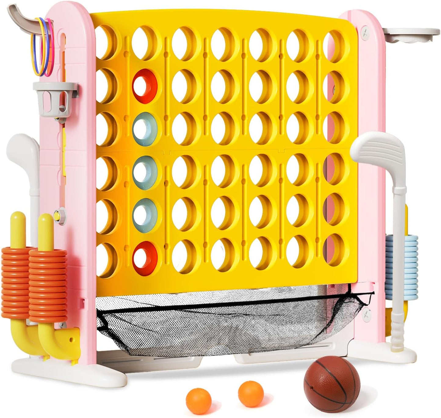 Ancaixin Giant 4 in-A-Row Connect Game Set, Adjustable Height Jumbo Yard Game with Basketball Hoop, Golf, Mesh Pocket & Ring Toss, Indoor Outdoor Family Backyard Party Game for Kids and Adults, Yellow