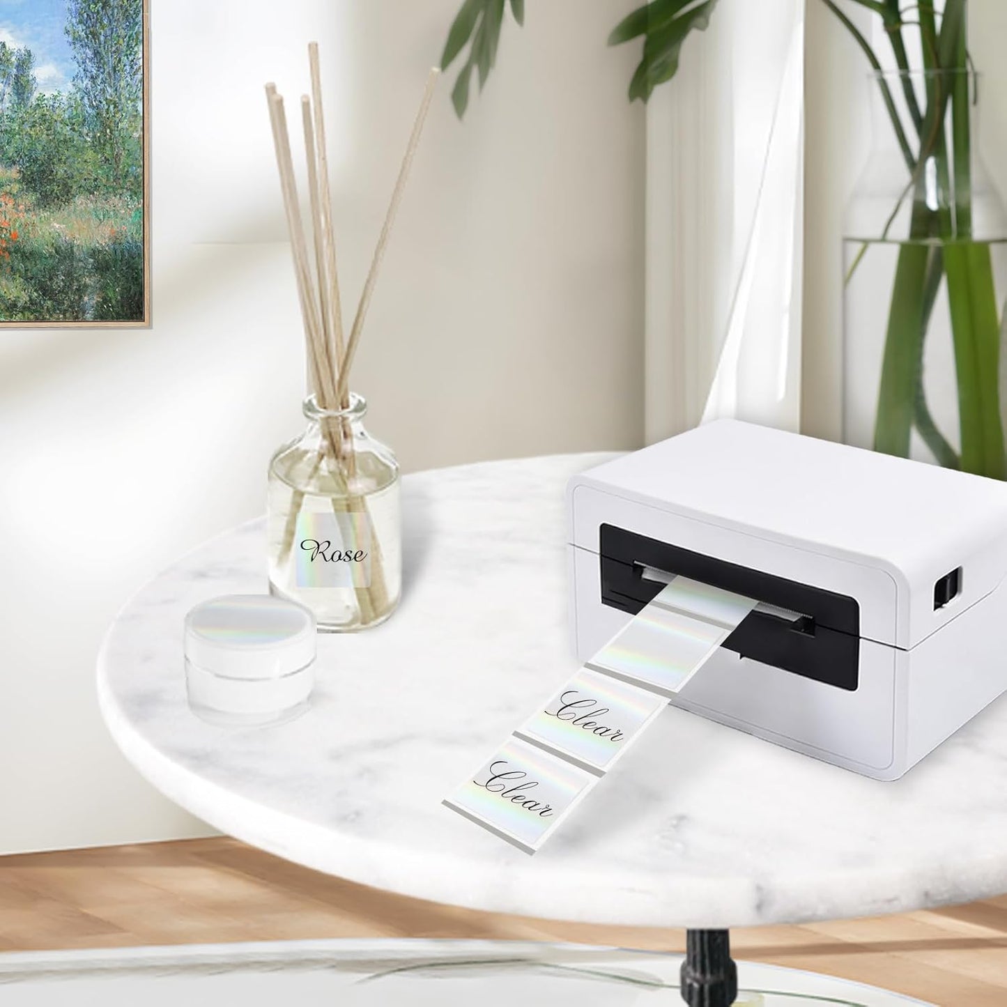 Square Transparent Clear Thermal Labels Stickers, 1.5 Inch Holographic Clear Transparent Thermal Label Stickers, Direct Printable Stickers for Small Businesses, Perforation Line Design- 300 Sheets