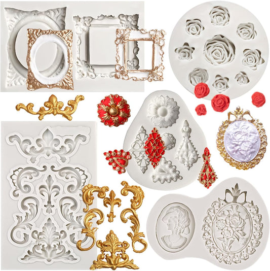 Growtail Vintage Frame Fondant Silicone Molds - Baroque & Rose Flower Designs for Chocolate Cake Decoration & Cupcake Toppers