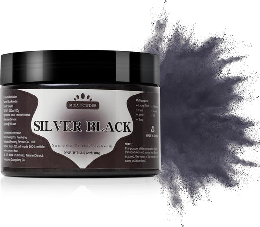 Mica Powder - 100g Mica Powder for Epoxy Resin - Metallic Color Pigment for Resin, Soap, Bath Bombs, Eye Shadow, Nails, DIY Crafting Projects etc. (Silver Black)
