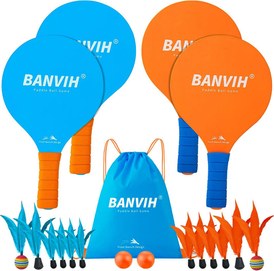 Banvih Badminton Set 4 Rackets, Paddle Ball Outdoor Games Christmas Stocking Stuffers for Kids Teens Adults and Family, Sports Beach Toys - for Yard, Lawn, Camping Games Essentials