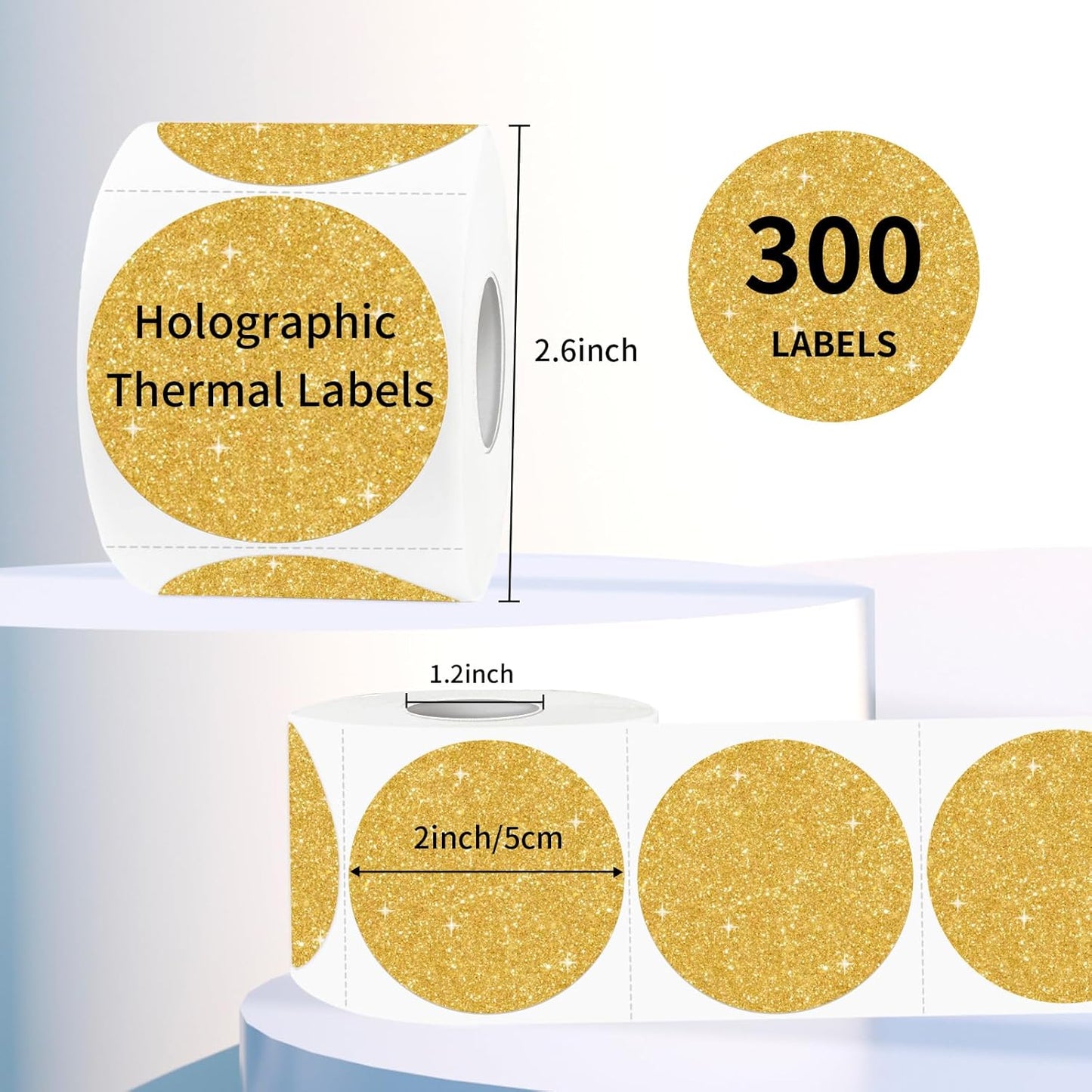 2" Circle Holographic Thermal Label Stickers, Round Printable Rainbow Glitter Thermal Printer Sticker Labels for Gift Wrapping, Self-Adhesive Name Price Tag DIY Custom Logo Design-Shiny Gold