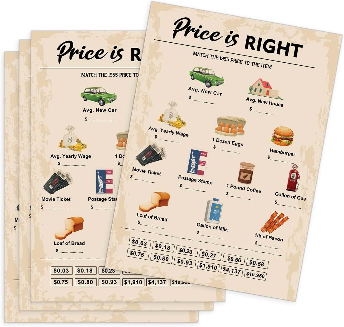 70th Birthday Party Games, Price is Right Games, Birthday Party Supplies for Adults, Fun 1955s Party Game，Pack of 30 Cards