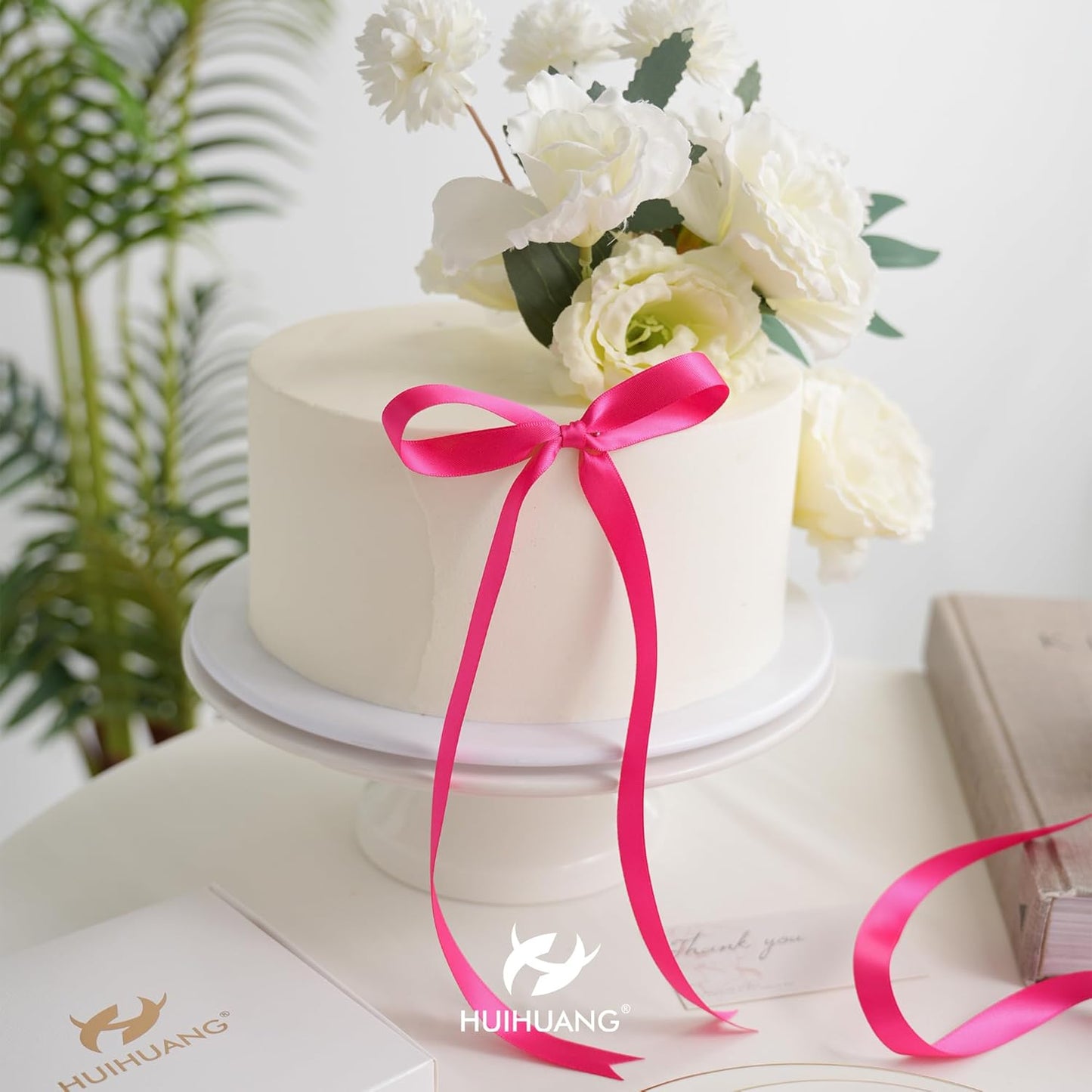 HUIHUANG Hot Pink Satin Ribbon 1/2 inch X 50 Yards Continuous Fuchsia Double-Faced Satin Ribbon for Gift Wrapping, Bows, DIY Crafts, Flower Bouquet, Wedding Bridal Shower Decor, Flower Crown