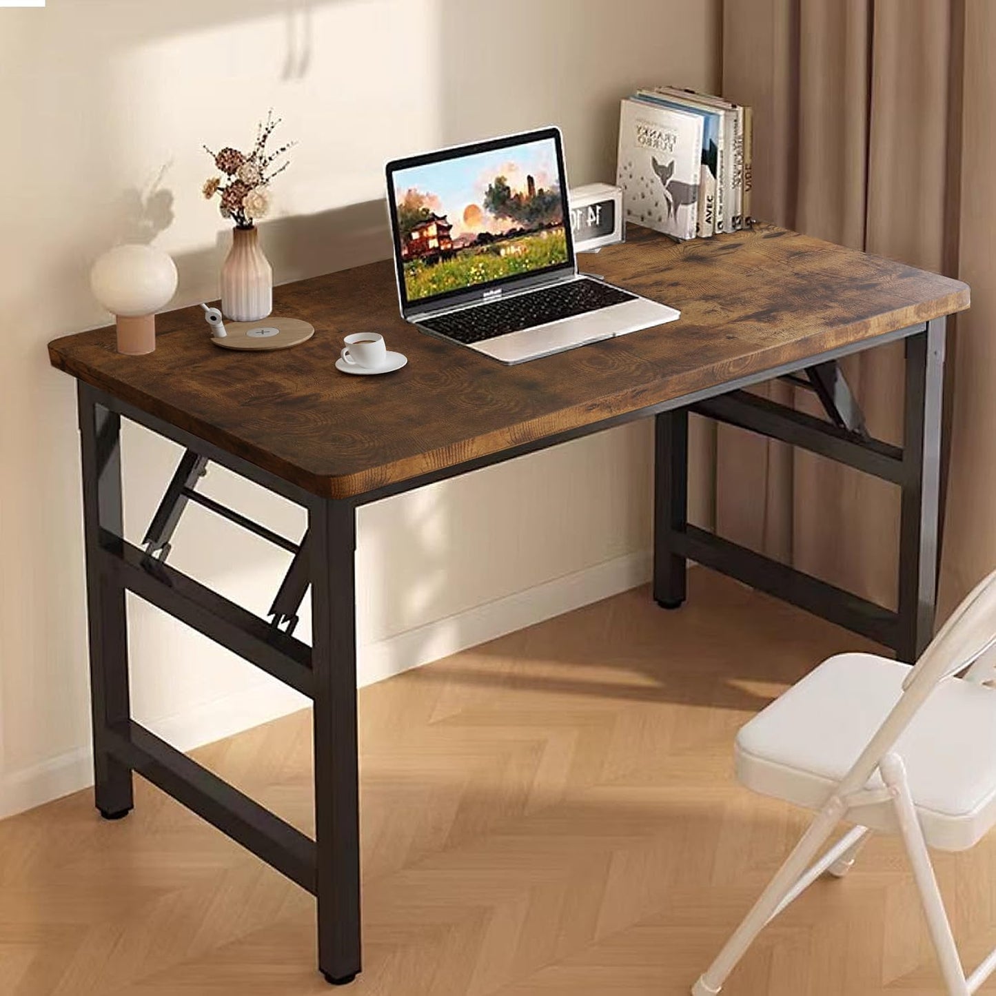 31.5 Inch Foldable Desks for Small Spaces,Foldable Desk No Assembly,Small Table for Bedroom,Rustic Brown.