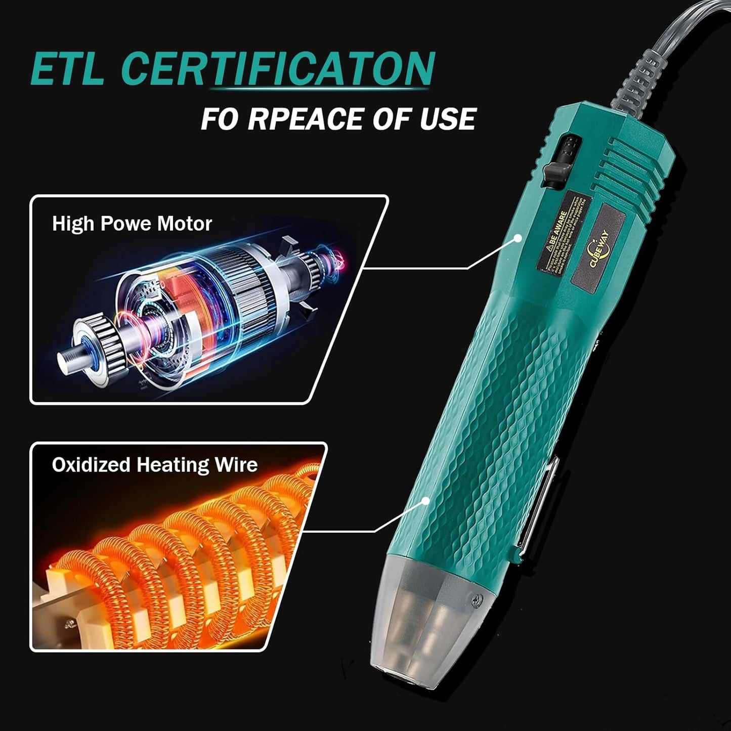 Heat Gun 350W with Dual Temp 392°F & 662°F and 2 Nozzles, Fast Heat Hot Air Gun with Overload Protection, 6.56Ft Long Cable for Crafting, Shrink Tubing, Vinyl Wrap, Epoxy