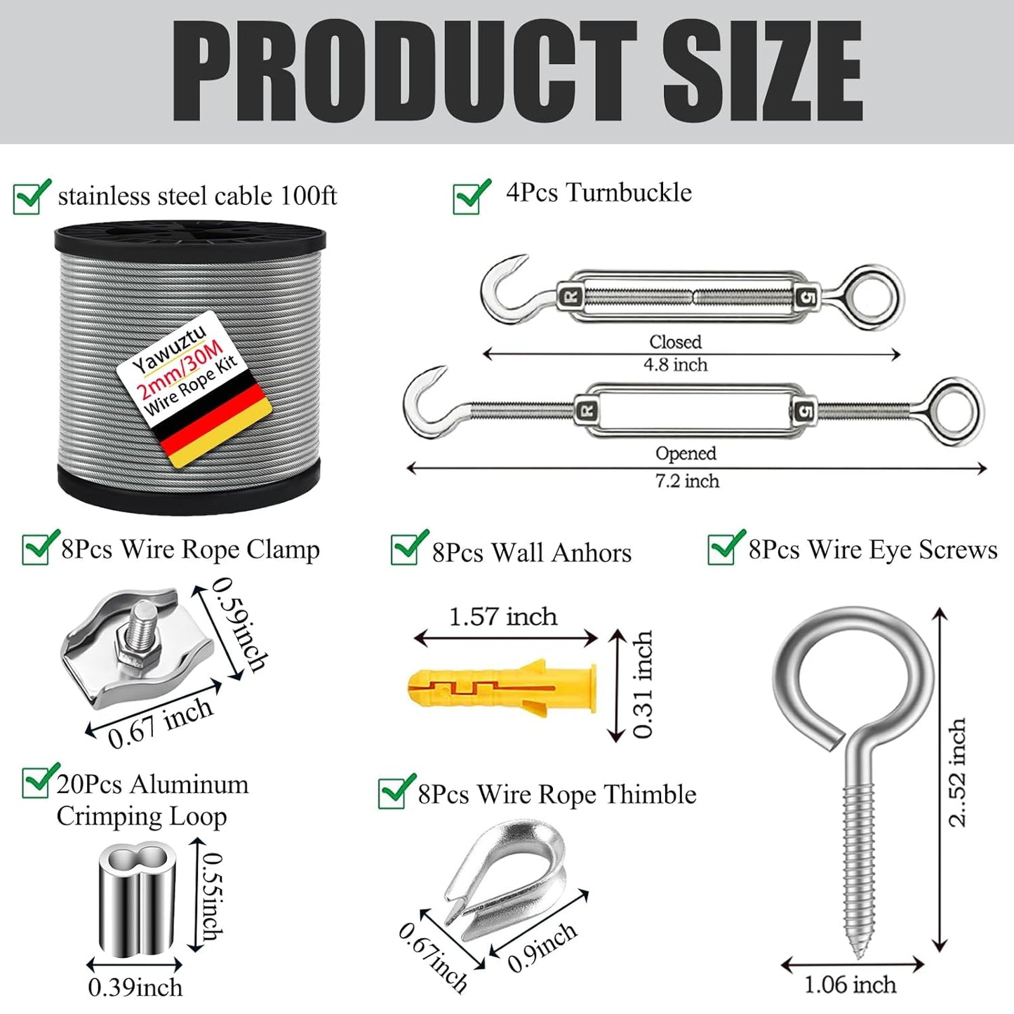 1/16 Inch Stainless Steel Cable 100FT with M5 Turnbuckle - 304 SS Wire Rope Kit for Outdoor Sun Shade, Garden, Deck (1/16" 100FT Wire Rope Kit)