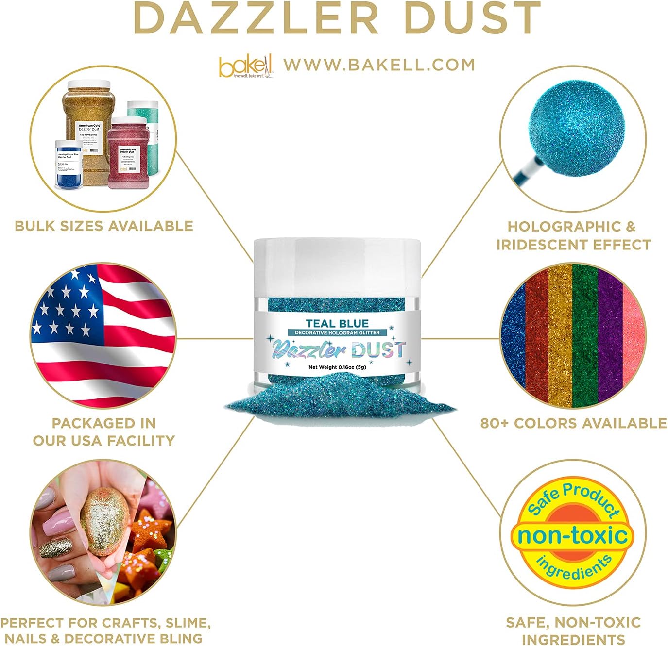 BAKELL Teal Blue Art & Craft Glitter, 5g Jar | Dazzler DUST | Non-Toxic Decorating Glitter | Arts, Crafts, Slime, Glue, Paint, Face & Body (Teal Blue)