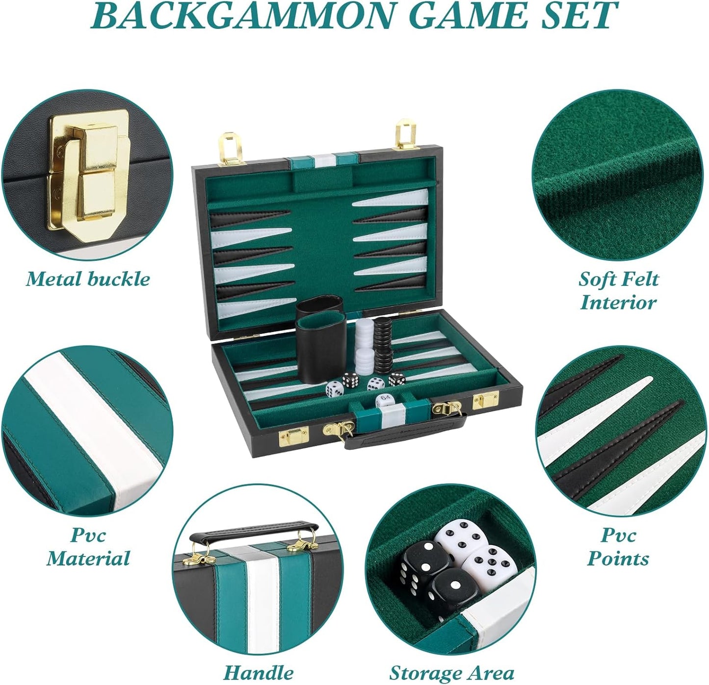 Backgammon Set 2 Players Classic Backgammon Sets for Adults Board Game with Black PU Leather Case Portable and Travel Backgammon Set (Green, 11inch)