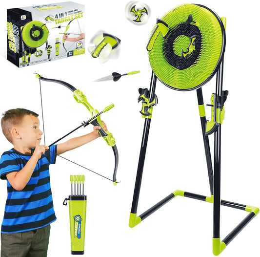 Axe Throwing Game for Backyard - 4 in 1 Outdoor Games for Kids Adults Family - Bristle Target, Bow & 5 Arrow, 3 Throwing Axes, 3 Ninja Stars, 6 Darts Includes - Archery Games for Yard Lawn Carnival