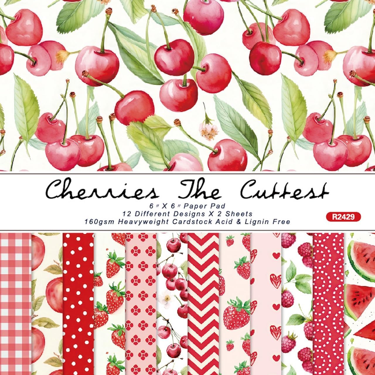6x6 Berries & Blossoms Scrapbook Paper Pad | 24 Sheets (12 Designs) 160gsm Acid Free Cardstock | Strawberry, Cherry, Raspberry & Watermelon Patterns for Summer Crafts & Card Making