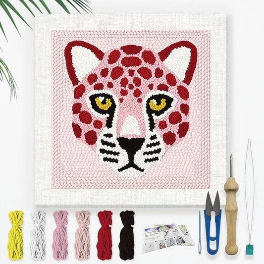 Doodlream Pink Leopard DIY Punch Needle Embroidery Kit for Adult Beginner, 9.4" Pink Leopard Punch Stitching Craft Set for Starter with Frame, Fabric Pattern, Threader, Yarn, Pinch Needle