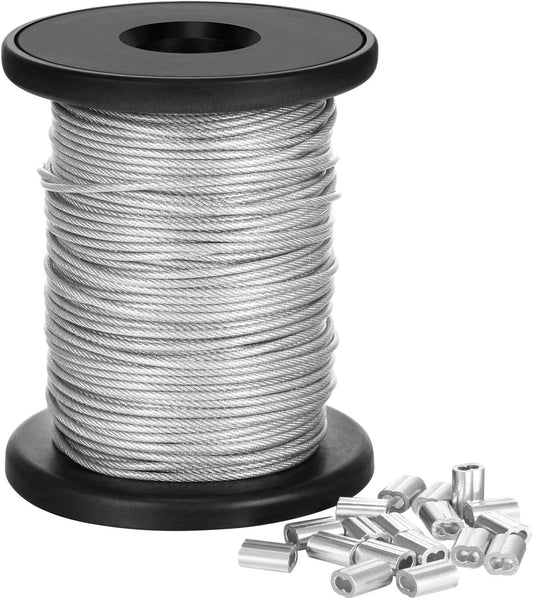 Chengu Vinyl Coated Picture Frame Hanging Wire, Stainless Steel Wire Spool with 20 Pieces Aluminum Crimping Loop Sleeve, Supports up to 110 Lbs (1.5 mm x 98 Feet)
