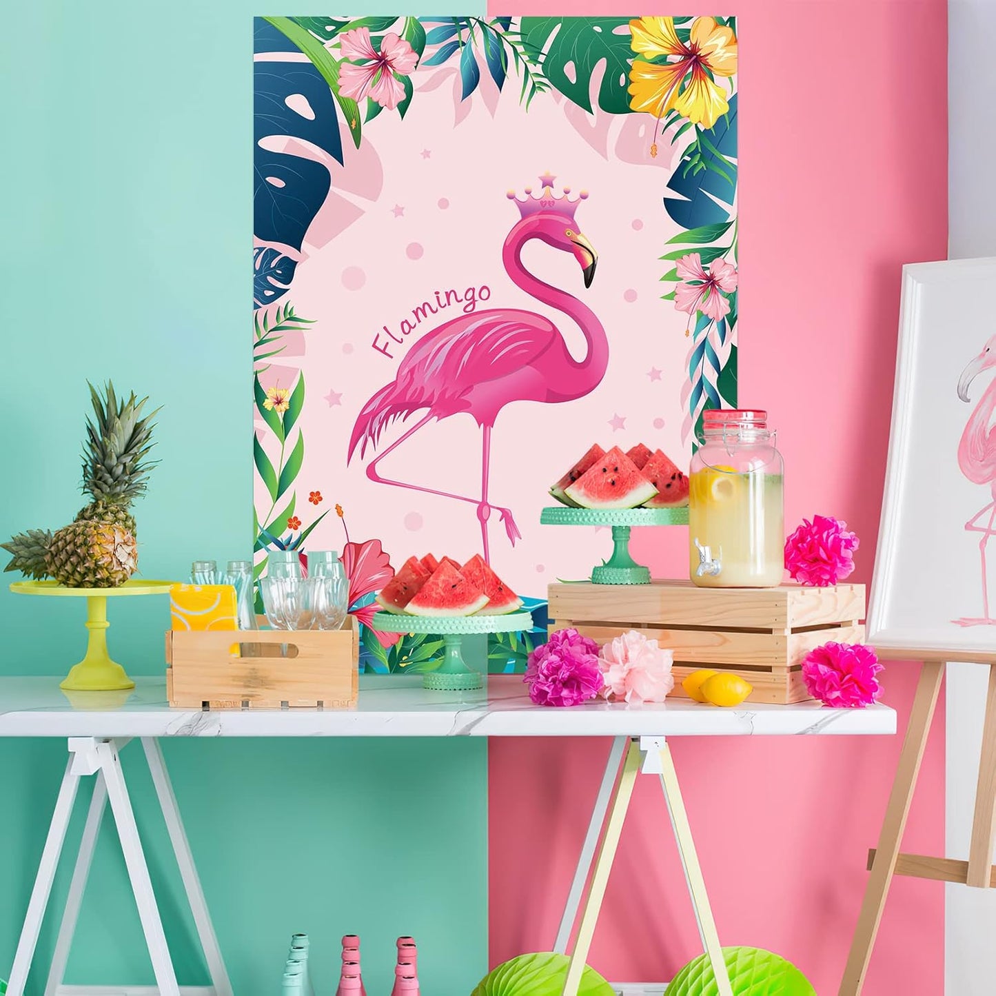 ASTARON Pin The Crown on The Flamingo, Flamingo Theme Party Game with 24 Crown Stickers for Birthday Party and Hawaiian Luau Tiki Party Supplies
