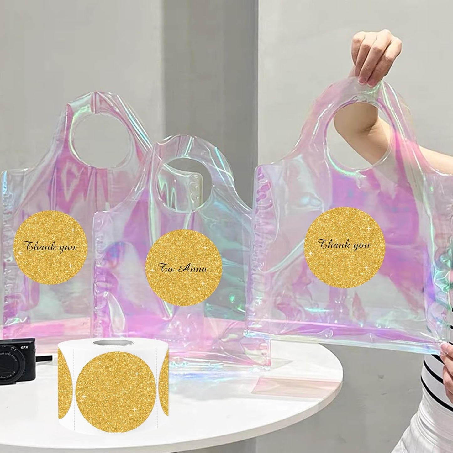 3" Holographic Direct Thermal Label Stickers, Round Printable Rainbow Glitter Thermal Printer Sticker Labels for Gift Wrapping, Self-Adhesive DIY Custom Logo Design- Shiny Gold