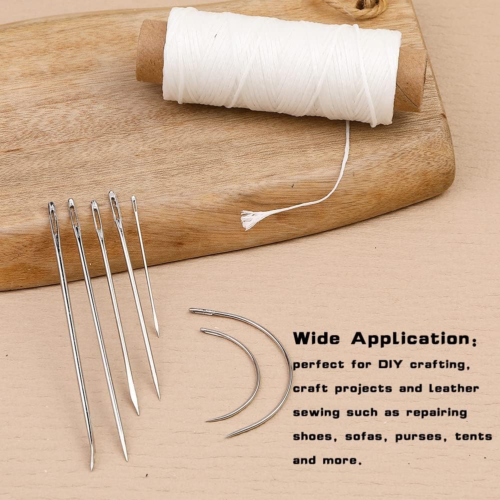 Ftyiwu Waxed Thread 55 Yards, Leather Sewing Waxed Thread with Hand Sewing Needles for Home Upholstery Carpet Leather Canvas Repair and Sewing (Original White)