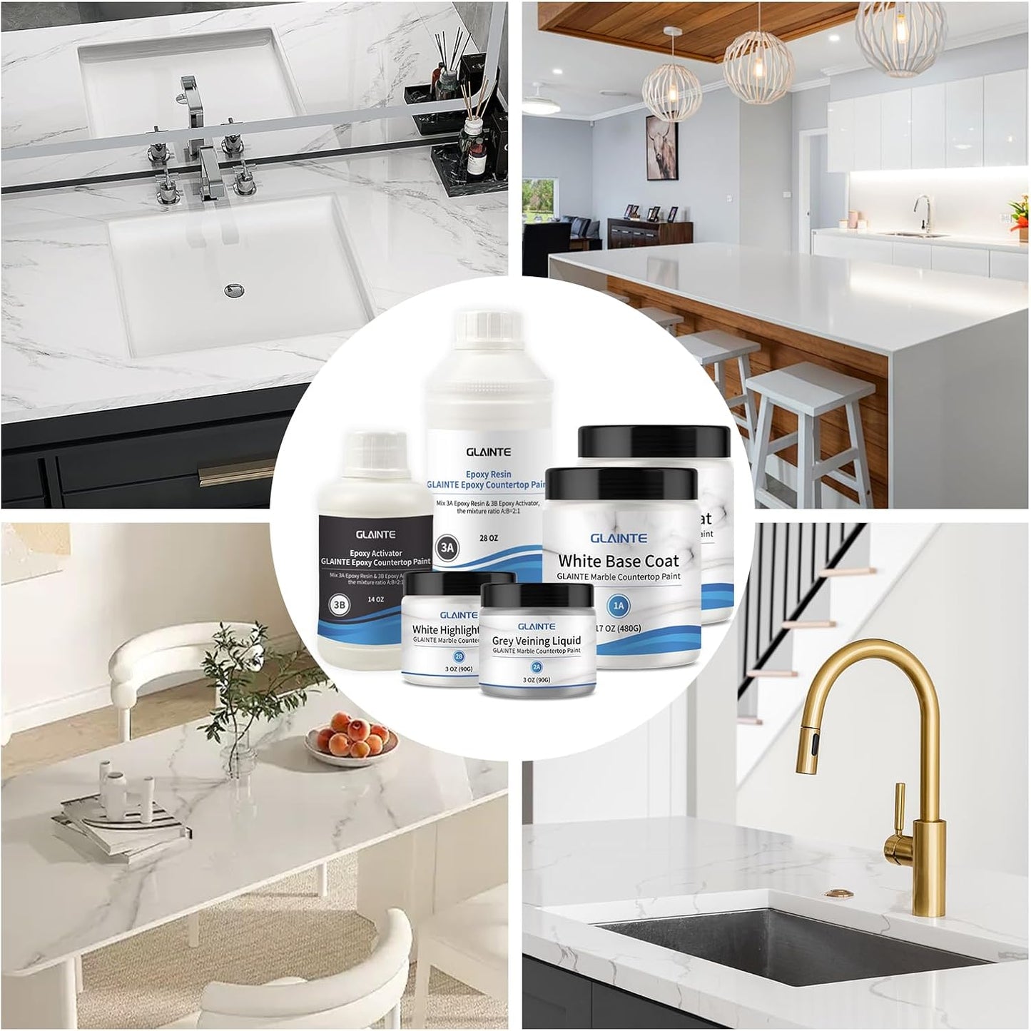 GLAINTE White Marble Countertop Paint Kit - Epoxy Countertop Refinishing Kit for Kitchen Bathroom Cover 35-38 Sq.Ft