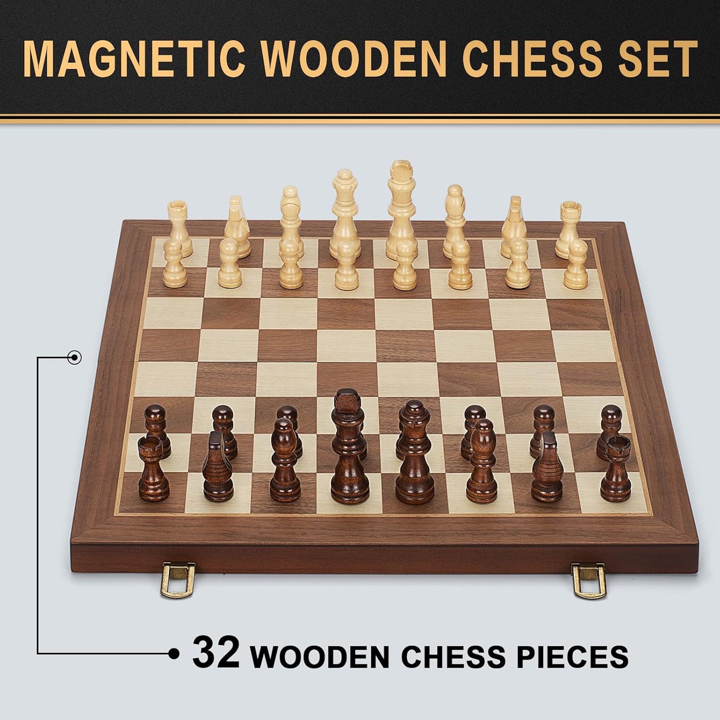 Magnetic Wooden Chess Set, 15" Folding Chess Board with 2 Extra Queens, Portable Travel Chess Set with Pieces Storage Slots, Beginner Chess Board Game for Adults & Kids