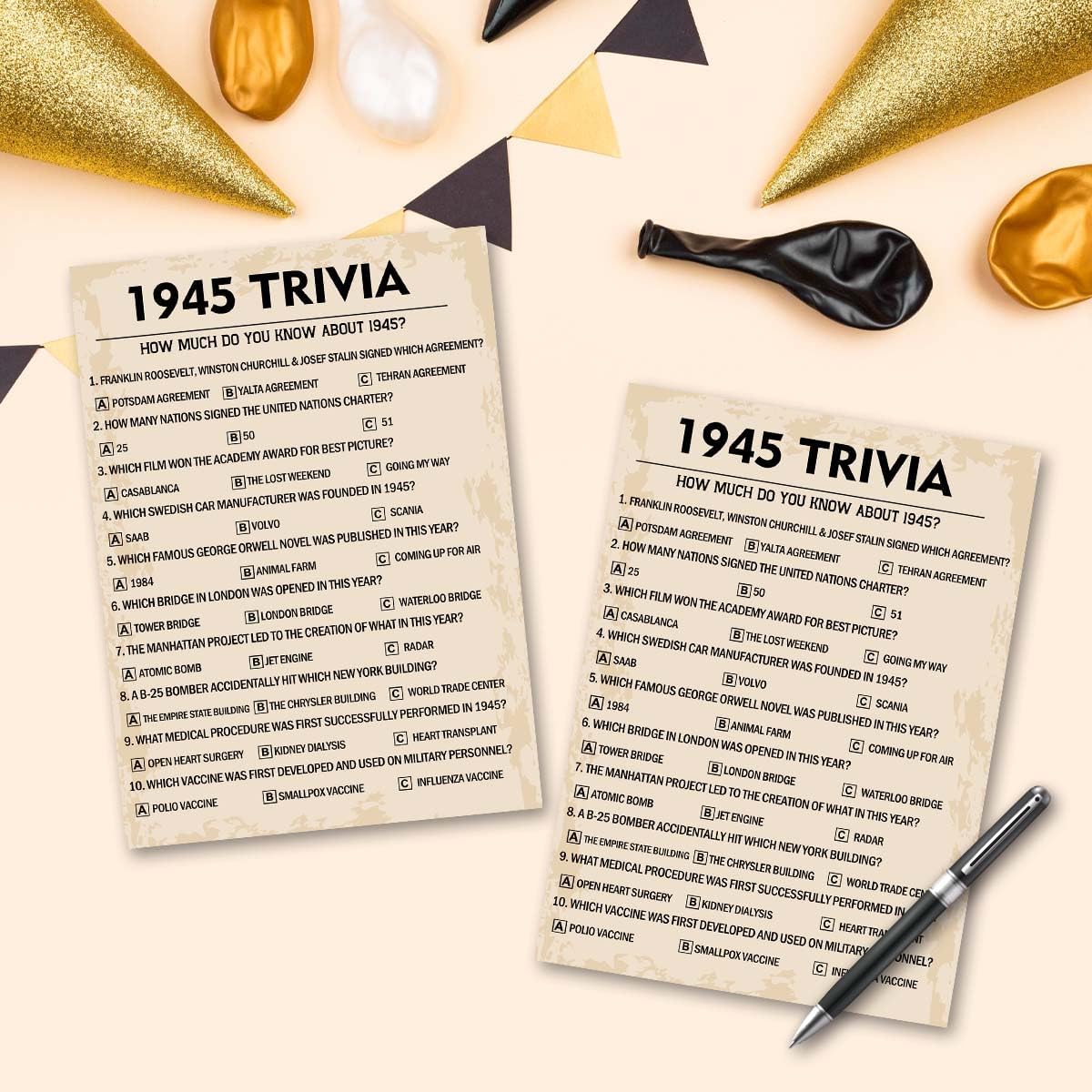80th Birthday Party Games, 1945 Trivia Games, Birthday Party Supplies for Adults, Fun 1945s Party Game，Pack of 30 Cards