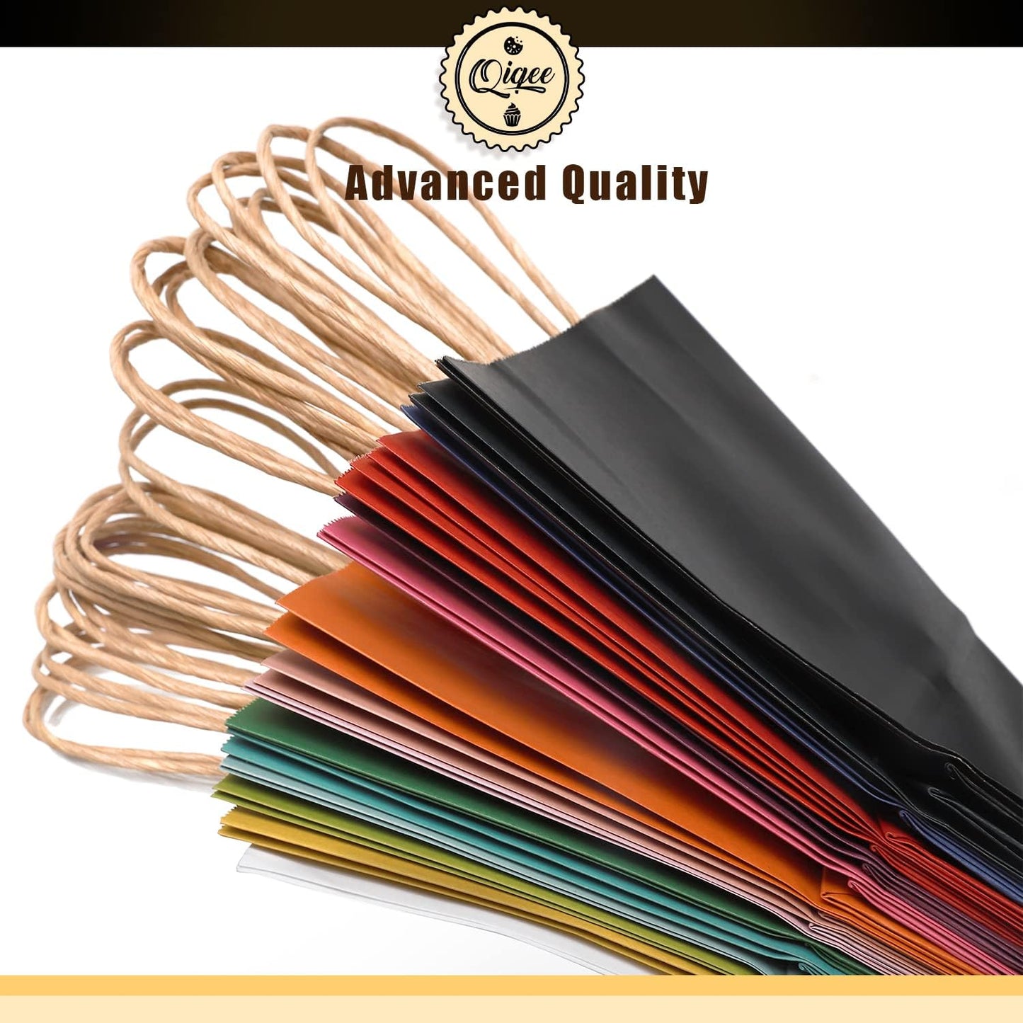 qiqee 60 pcs Kraft Bags with Handles 7.6"x4.75"x10.5" Medium Gift Paper Bag 16 Different Solid Color Bags