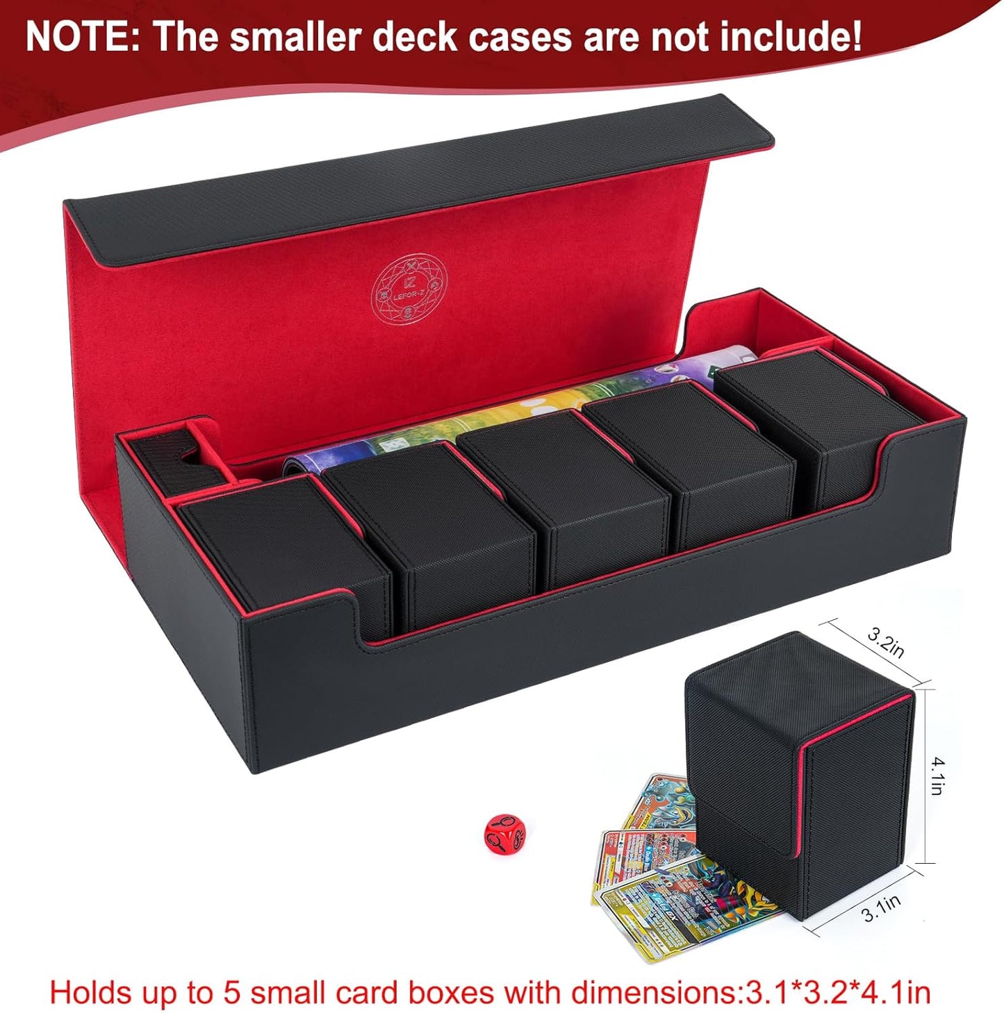 Card Deck Box,X-Large Premium Trading Card Storage Case with Mat and Dice Compartment,Magnetic Game Deck Display Case Compatible with MTG/TCG/Yugioh/Magic/Commander(Black＆Red)