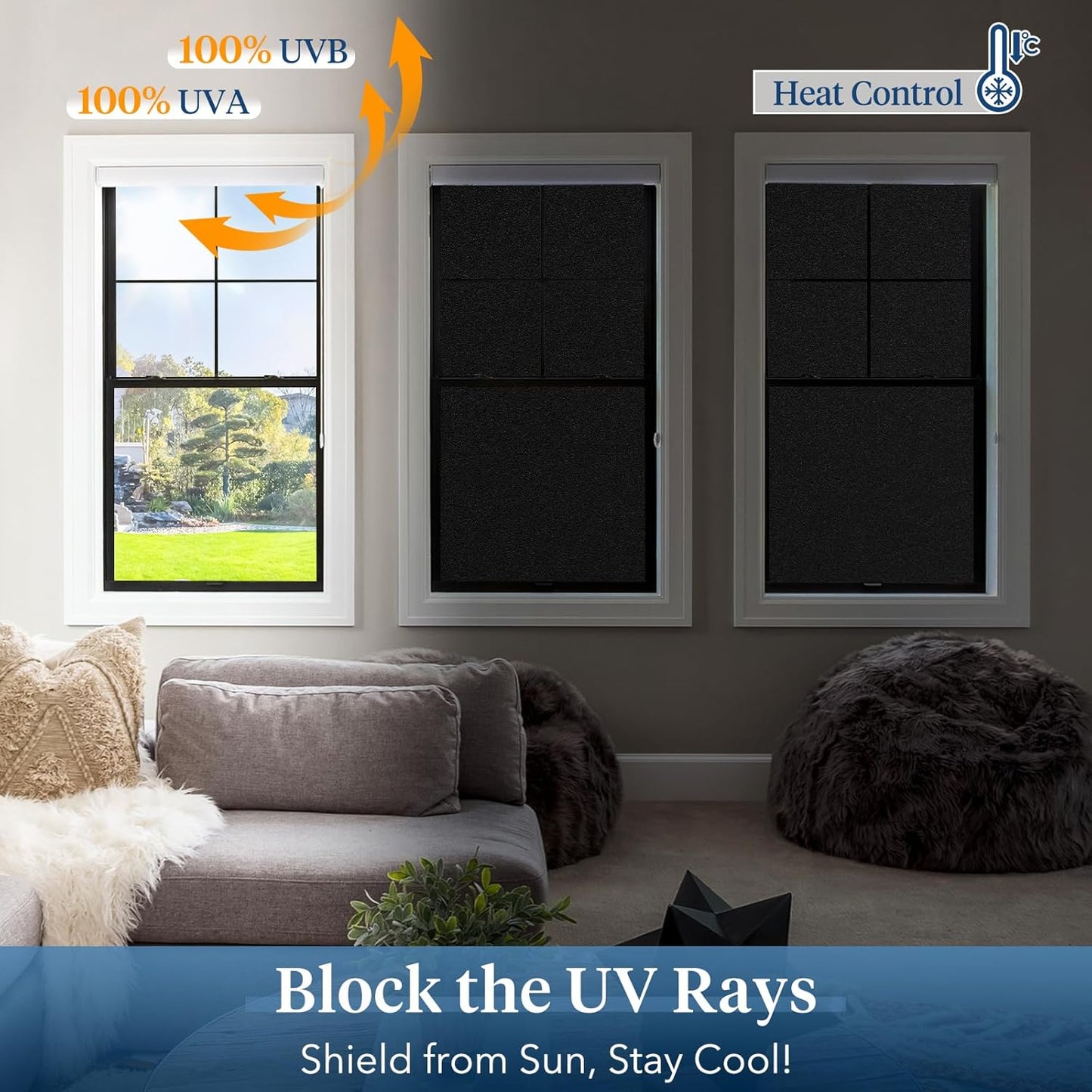 Haton Blackout Window Film, Frosted Privacy Cover for Glass, Sun Light Blocking Black Out Window Tint, Static Cling Room Darkening Heat Control Shades for Home Day and Night, Black 17.5" x 78.7"