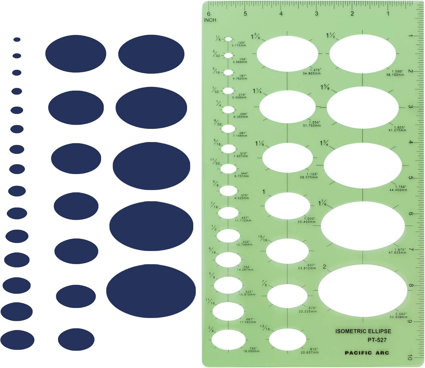 Pacific Arc Isometric Ellipse Guide Template, 27 Total Ellipse from 1/8 Inch to 2 Inch with Inch Graduations